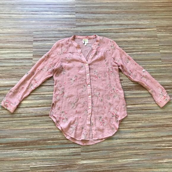 Fig and Flower Pink Embroidered Button Up Shirt Blouse Anthropologie Top - Picture 3 of 9